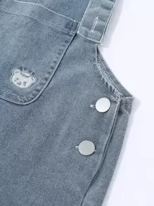 SHEIN 年輕女孩卡通熊刺繡牛仔背帶褲