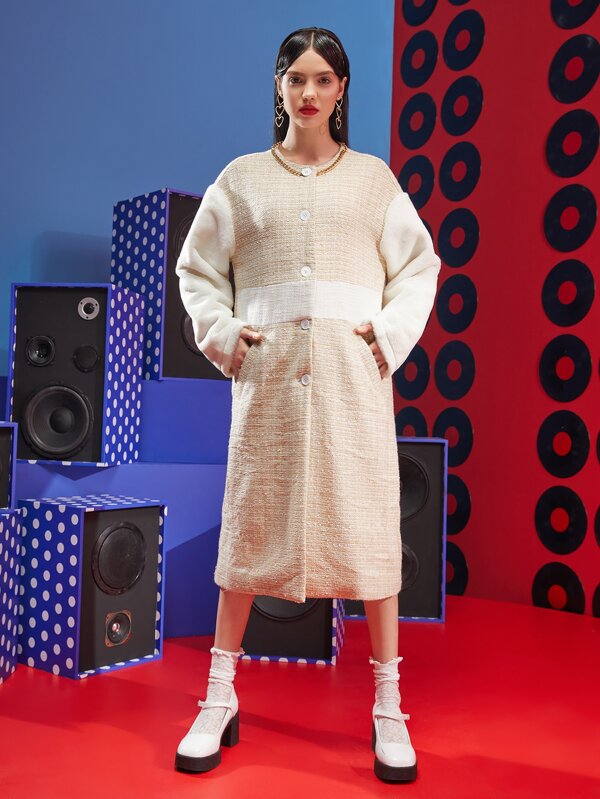 Catherine Chen Teddy Panel Drop Shoulder Tweed Coat