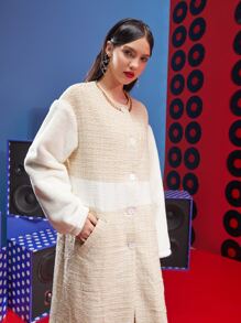 Catherine Chen Teddy Panel Drop Shoulder Tweed Coat - Multicolor - View 4