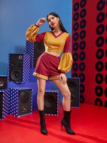 Peartree Stories Colour Block Contrast Piping Lantern Sleeve Crop Blouse - Multicolor - View 3