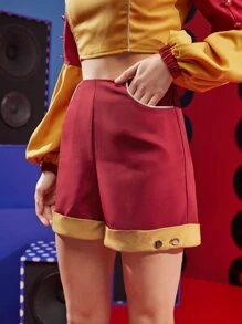 Peartree Stories Contrast Panel Roll Hem Shorts - Burgundy - View 5