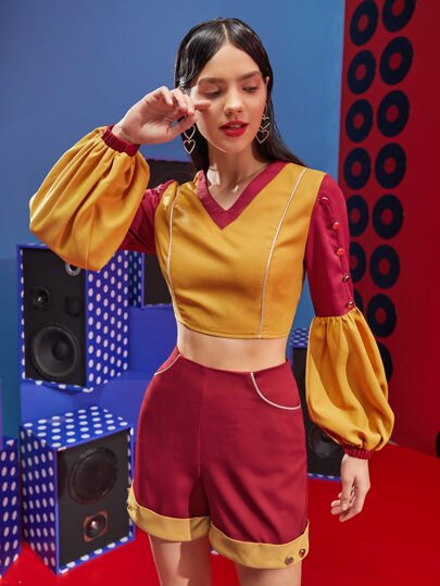 Peartree Stories Color Block Contrast Piping Lantern Sleeve Crop Blouse
