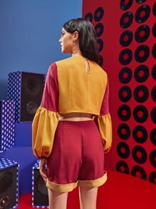 Peartree Stories Colour Block Contrast Piping Lantern Sleeve Crop Blouse - Multicolor - View 2