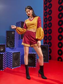 Peartree Stories Colour Block Contrast Piping Lantern Sleeve Crop Blouse - Multicolor - View 4