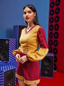 Peartree Stories Colour Block Contrast Piping Lantern Sleeve Crop Blouse - Multicolor - View 6