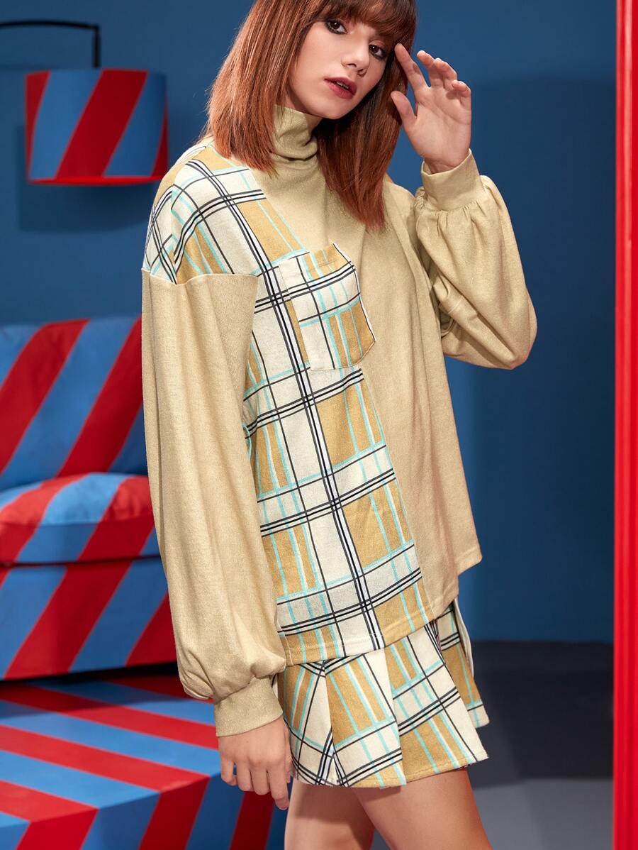 Minosone Áo thun nữ Túi Sọc ca rô Giải trí - Màu Khaki - Xem 1