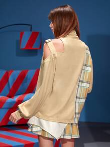 Minosone Áo thun nữ Túi Sọc ca rô Giải trí - Màu Khaki - Xem 2