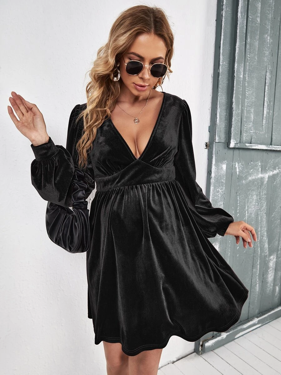 SHEIN Maternity Deep V Neck Lantern Sleeve Velvet Dress - Black - View 1