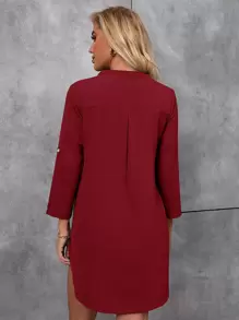 SHEIN LUNE 缺口領前紐扣直筒連衣裙 - 酒紅色 - 查看 2