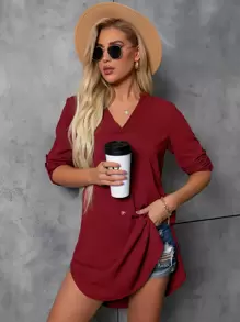 SHEIN LUNE 缺口領前紐扣直筒連衣裙 - 酒紅色 - 查看 3