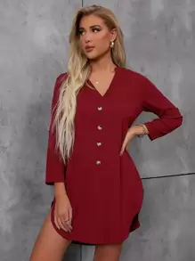SHEIN LUNE 缺口領前紐扣直筒連衣裙 - 酒紅色 - 查看 4