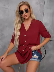 SHEIN LUNE 缺口領前紐扣直筒連衣裙 - 酒紅色 - 查看 6