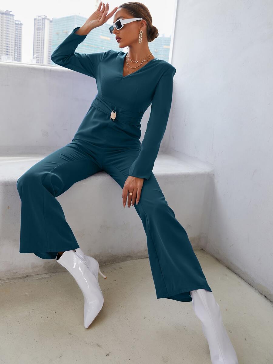 Modelyn Shoulder Pads Metal Decor Slant Pockets Flare Leg Jumpsuit - Teal Blue - View 1