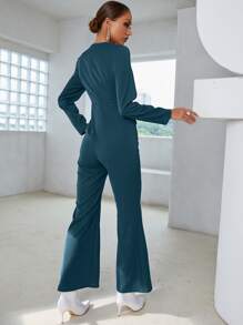 Modelyn Shoulder Pads Metal Decor Slant Pockets Flare Leg Jumpsuit - Teal Blue - View 2