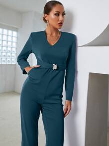 Modelyn Shoulder Pads Metal Decor Slant Pockets Flare Leg Jumpsuit - Teal Blue - View 3