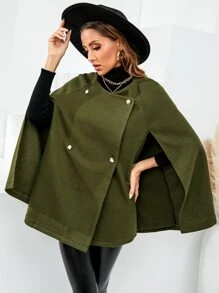 Double Breasted Cape Overcoat - Army Green - View 1