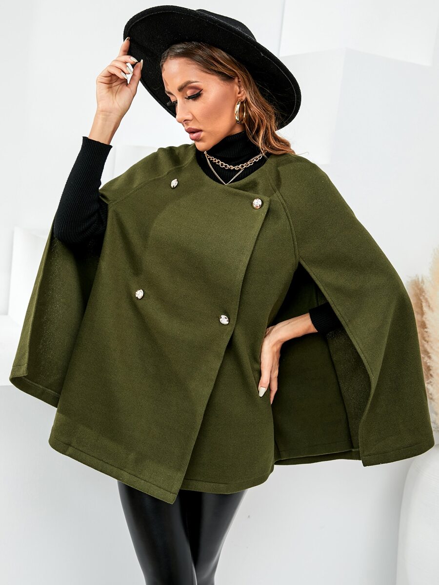 Double Breasted Cape Overcoat - Army Green - View 1