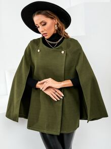 Double Breasted Cape Overcoat - Army Green - View 5