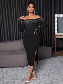 SHEIN SXY Off Shoulder Rhinestone Split Thigh Bodycon Dress - Black - View 1
