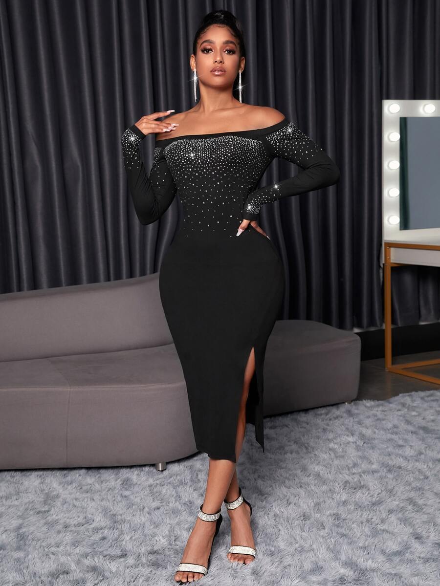 SHEIN SXY Off Shoulder Rhinestone Split Thigh Bodycon Dress - Black - View 1