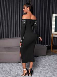 SHEIN SXY Off Shoulder Rhinestone Split Thigh Bodycon Dress - Black - View 2