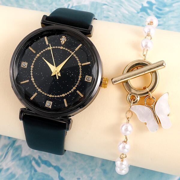 

1pc Rhinestone Decor Round Pointer Quartz Watch & 1pc Bracelet