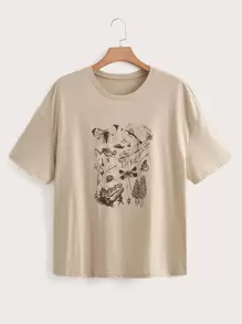 Flirla 大碼青蛙和蝴蝶圖案落肩T恤 - 杏色 - 查看 1