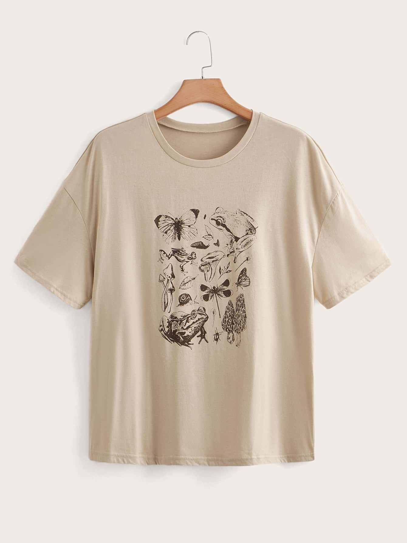 Flirla 大碼青蛙和蝴蝶圖案落肩T恤 - 杏色 - 查看 1
