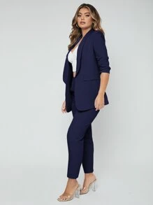 SHEIN SXY Shawl Neck Open Front Blazer & Trousers Suit - Navy Blue - View 3