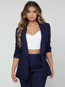 SHEIN SXY Shawl Neck Open Front Blazer & Trousers Suit - Navy Blue - View 5