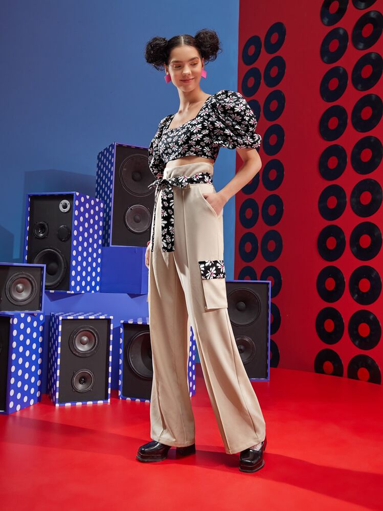 Apipoj Floral Print Flap Pocket Press Crease Belted Wide Leg Pants - Apricot - View 6