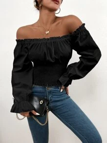 Áo sơ mi nữ viền lá sen Xù Dải chun Nếp gấp Phần Ngực màu trơn Boho - màu đen - Xem 1