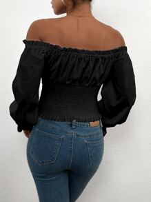 Áo sơ mi nữ viền lá sen Xù Dải chun Nếp gấp Phần Ngực màu trơn Boho - màu đen - Xem 2