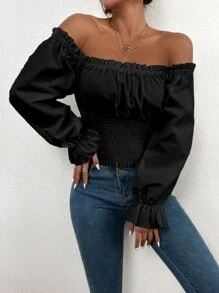 Áo sơ mi nữ viền lá sen Xù Dải chun Nếp gấp Phần Ngực màu trơn Boho - màu đen - Xem 3