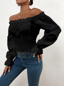 Áo sơ mi nữ viền lá sen Xù Dải chun Nếp gấp Phần Ngực màu trơn Boho - màu đen - Xem 5