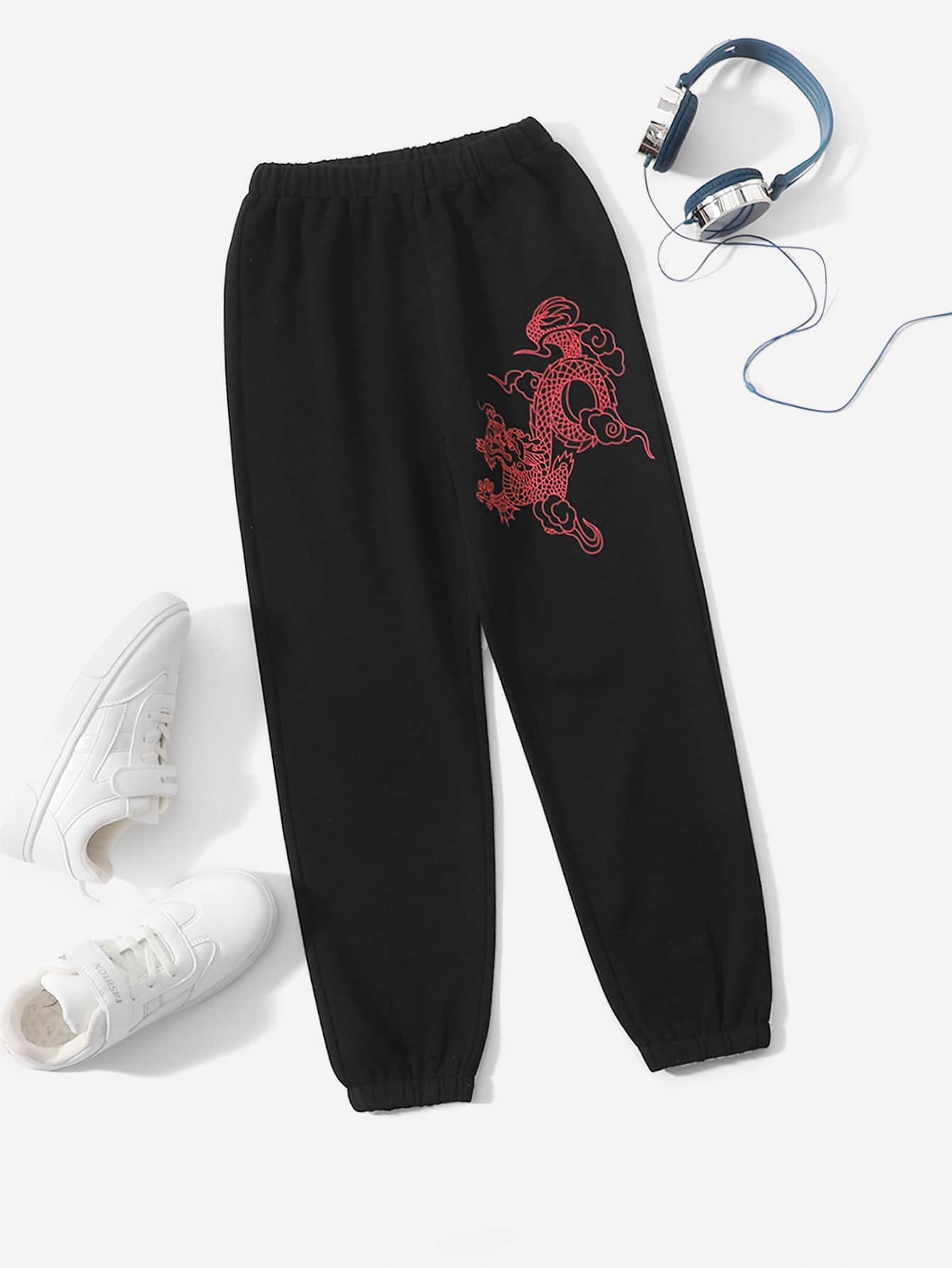女孩中國龍圖案衛褲 - 黑色 - 查看 1