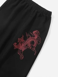 女孩中國龍圖案衛褲 - 黑色 - 查看 3