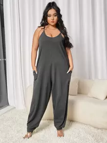 SHEIN Essnce 大碼雙口袋寬鬆吊帶連身褲 - 深灰色 - 查看 1