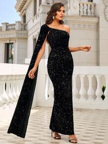 Missord One Shoulder Cloak Sleeve Split Thigh Sequins Prom Dress - Black - View 5