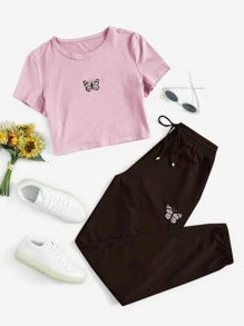 SHEIN EZwear Butterfly Print Crop Tee & Drawstring Sweatpants Set