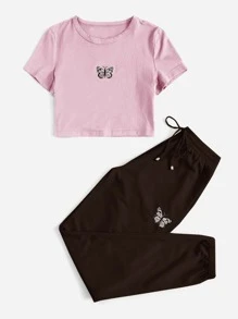 SHEIN EZwear Butterfly Print Crop Tee & Drawstring Sweatpants Set