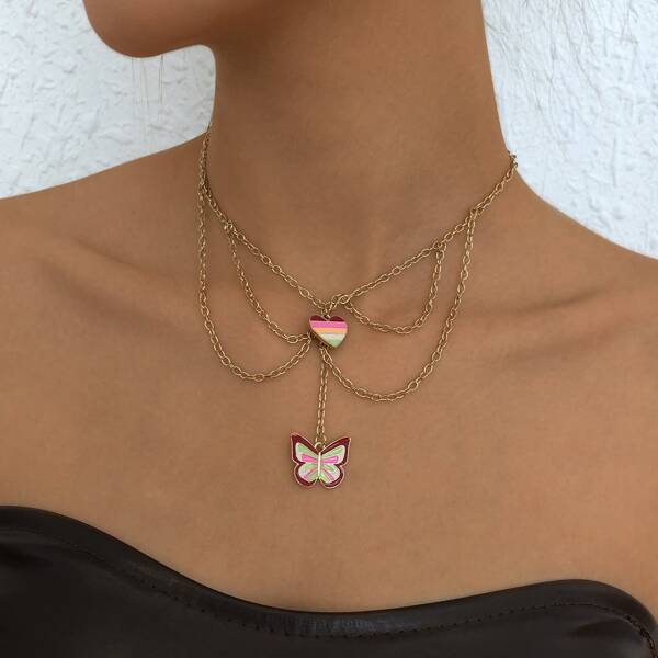 

Butterfly & Heart Pendant Necklace, Gold