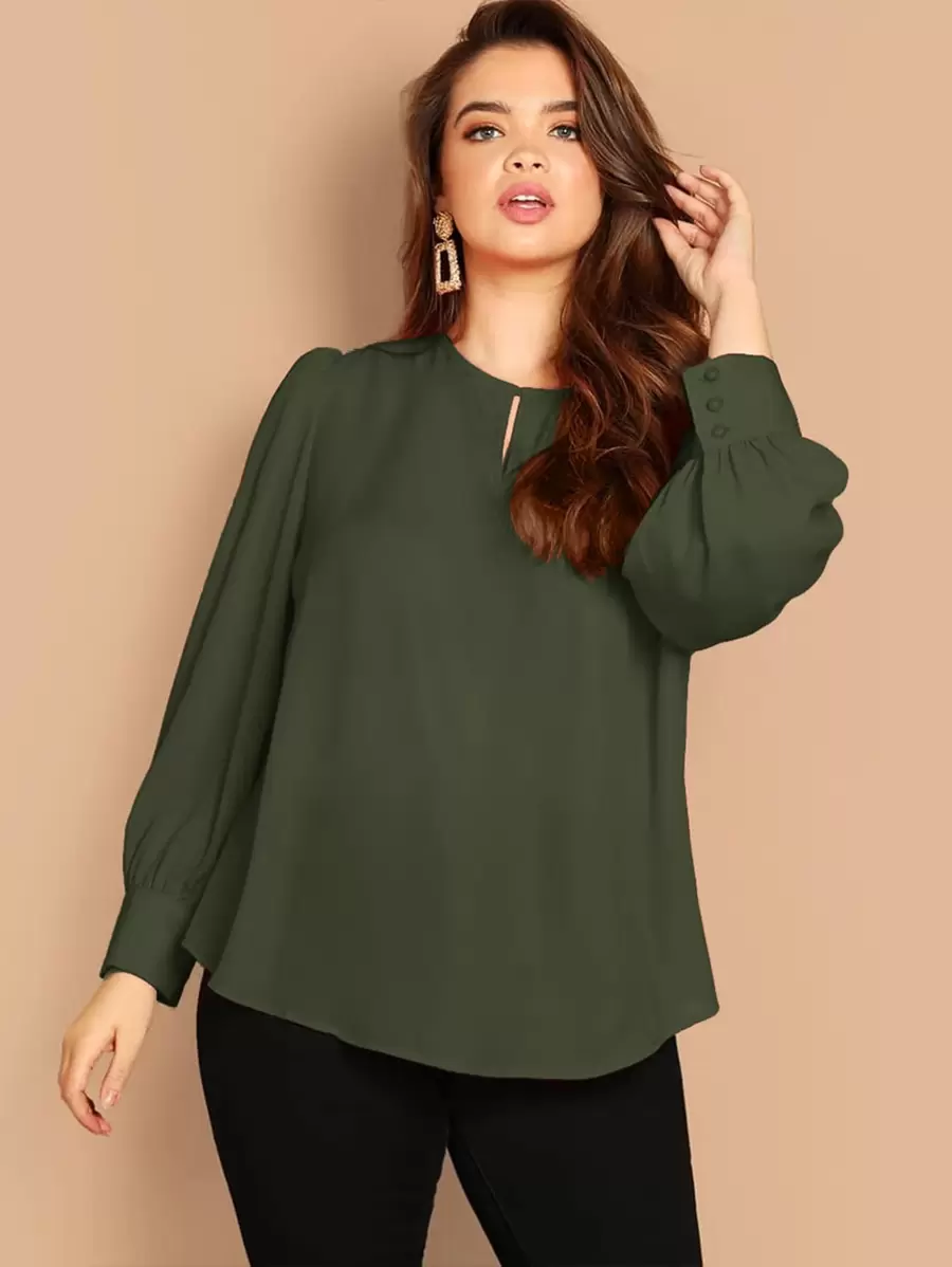 SHEIN Clasi Áo cánh tay cong cài nút Plus - xanh quân đội - Xem 1
