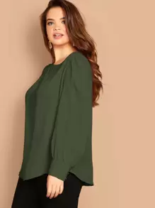 SHEIN Clasi Áo cánh tay cong cài nút Plus - xanh quân đội - Xem 3