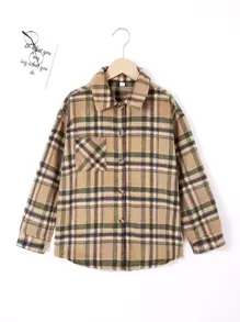 女孩格紋補丁貼口袋落肩袖花呢外套 - 彩色 - 查看 1