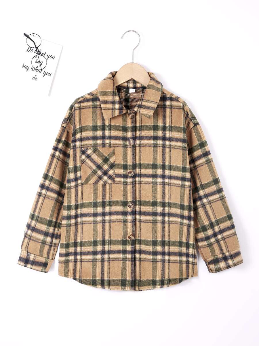 女孩格紋補丁貼口袋落肩袖花呢外套 - 彩色 - 查看 1