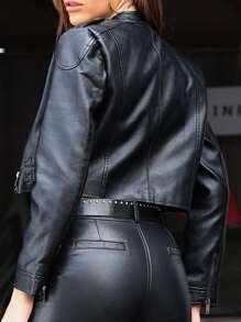 Buckled Strap Zip Detail PU Leather Biker Jacket - View 2