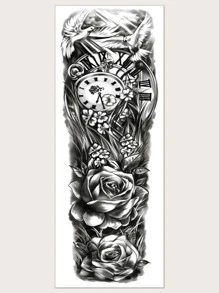 Tattoo Sticker,1 Sheet Large Half Arm Sleeve Flower & Clock Pattern Temporary Tattoos For Men Women Forearm,Flower Fake Tattoo Stickers Adults, Black Realistic Tattoo Flower,For Women and Girls - Black - View 2