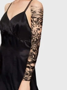 Tattoo Sticker,1 Sheet Large Half Arm Sleeve Flower & Clock Pattern Temporary Tattoos For Men Women Forearm,Flower Fake Tattoo Stickers Adults, Black Realistic Tattoo Flower,For Women and Girls - Black - View 3