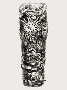 Tattoo Sticker,1 Sheet Large Half Arm Sleeve Flower & Clock Pattern Temporary Tattoos For Men Women Forearm,Flower Fake Tattoo Stickers Adults, Black Realistic Tattoo Flower,For Women and Girls - Black - View 4